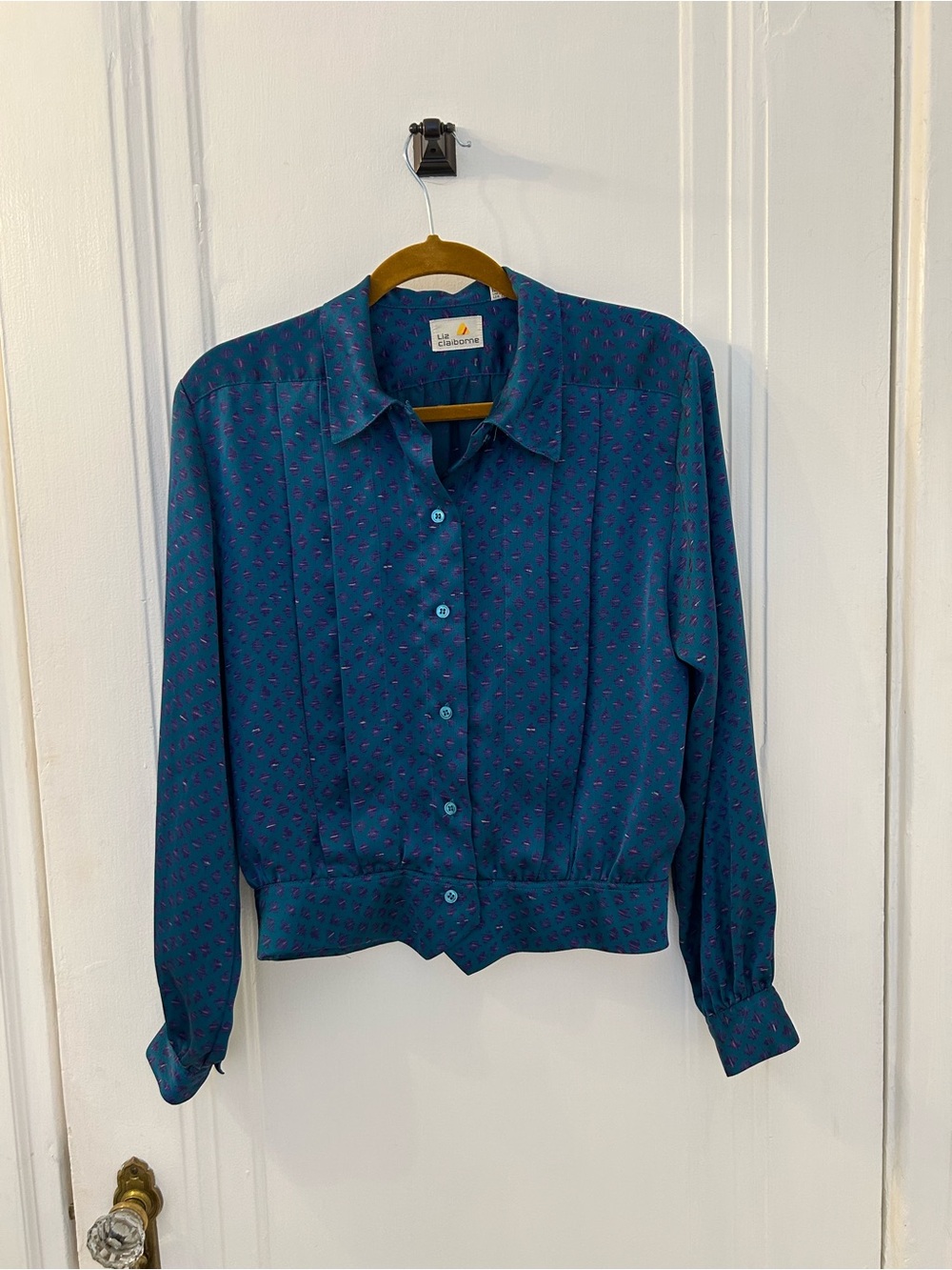 Vintage Liz Claiborne Teal Blouse with Pink Dot Print